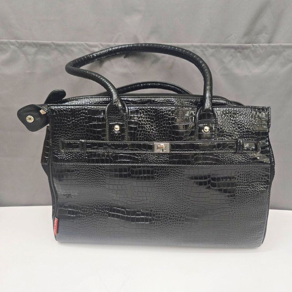 Bark n Bag Black Croc Embossed Satchel Top Handle Zip, Silver Hardware Pockets